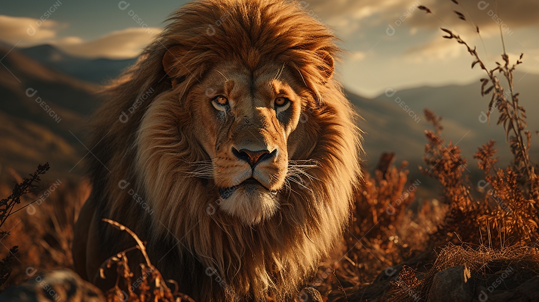 Um leão majestoso com sua juba seguindo ao vento