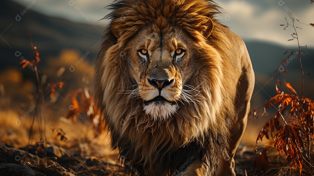 Um leão majestoso com sua juba seguindo ao vento