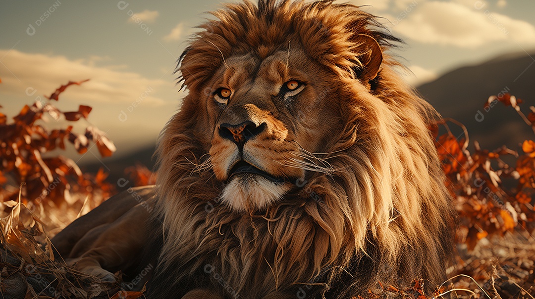 Um leão majestoso com sua juba seguindo ao vento