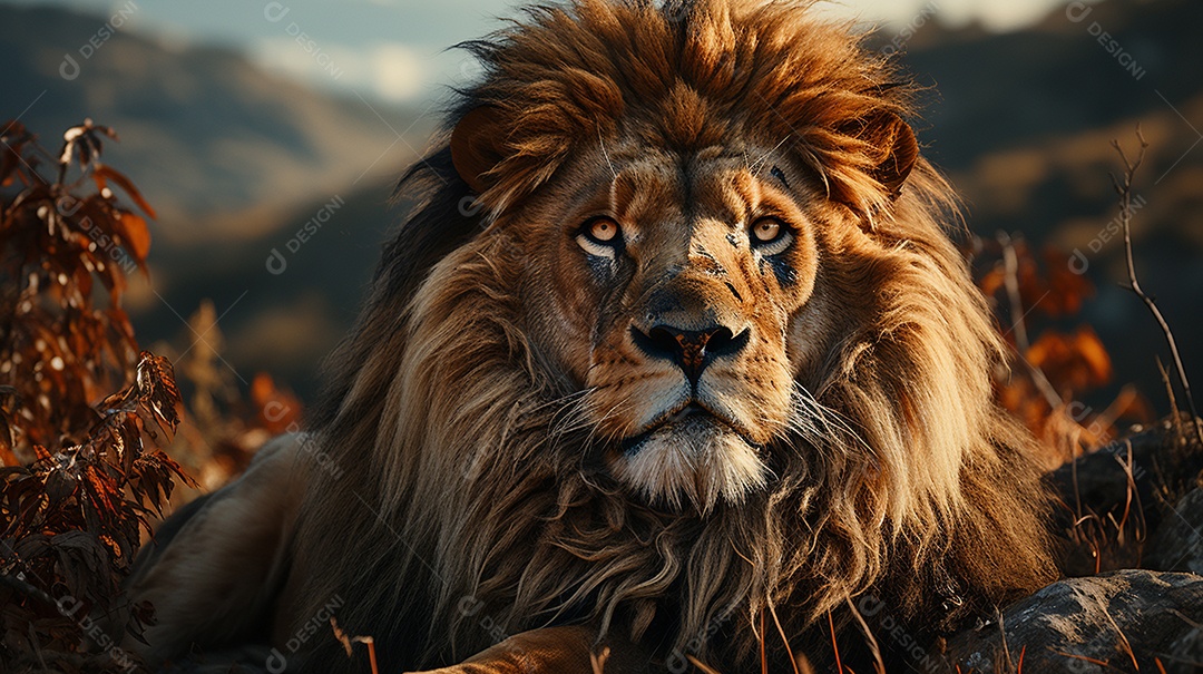 Um leão majestoso com sua juba seguindo ao vento