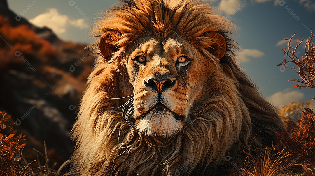 Um leão majestoso com sua juba seguindo ao vento