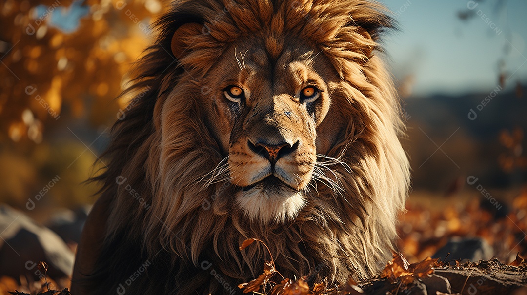 Um leão majestoso com sua juba seguindo ao vento