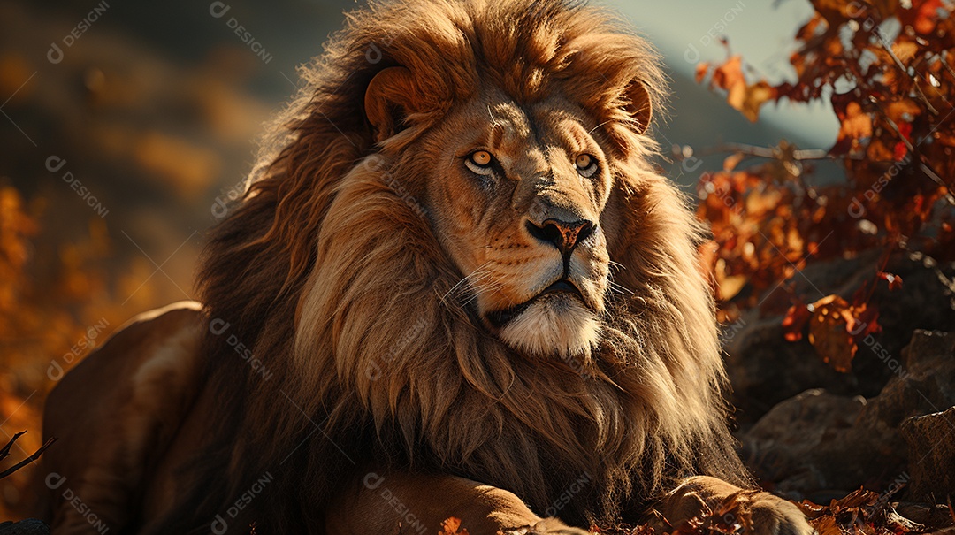 Um leão majestoso com sua juba seguindo ao vento