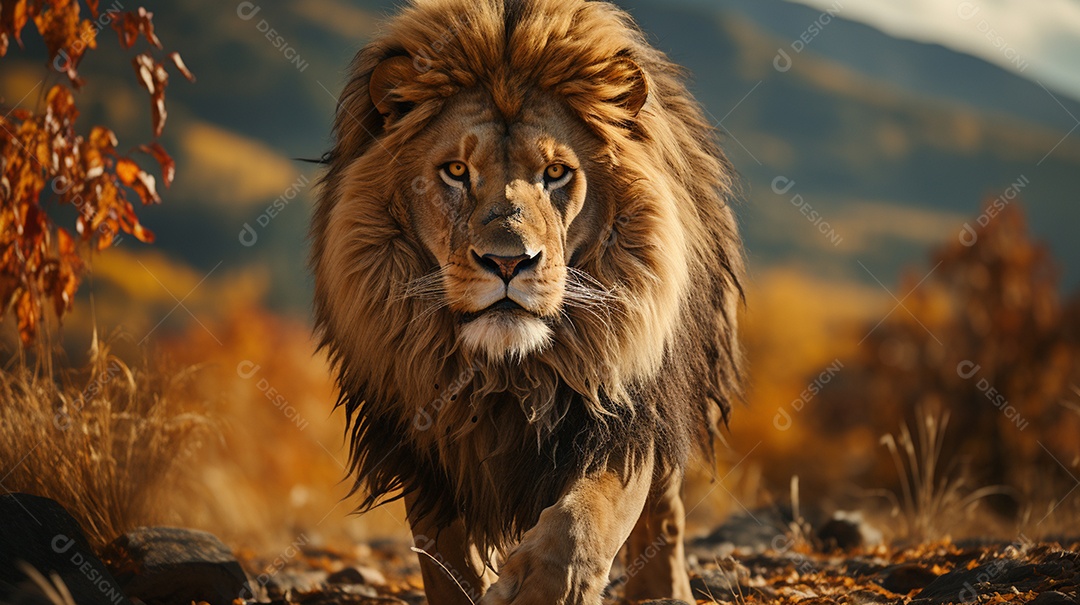 Um leão majestoso com sua juba seguindo ao vento