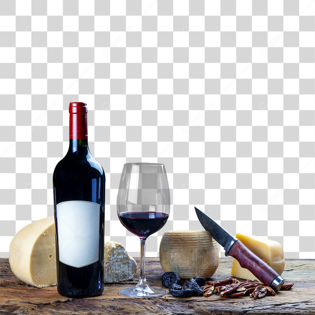 Vinho e Taça em Mesa com Queijos PNG Transparente
