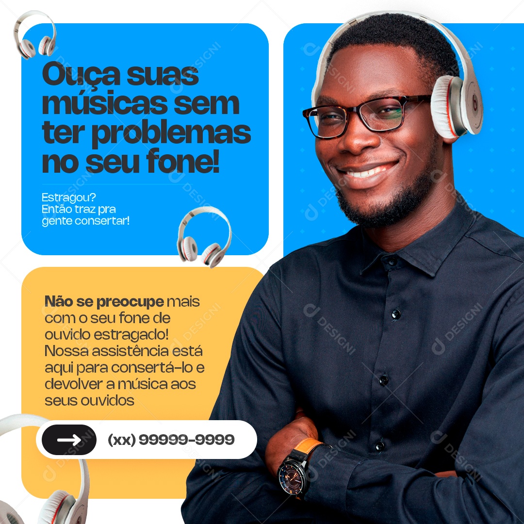 Assistência Técnica Ouça Suas Músicas Sem Ter Problemas No Seu Fone Social Media PSD Editável