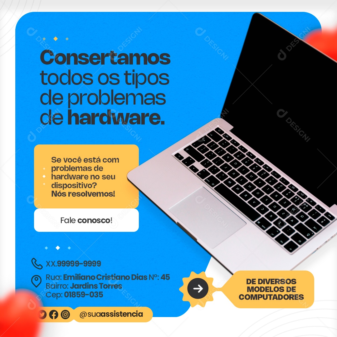 Assistência Técnica Consertamos Todos os Tipos de Problemas de Hardware Social Media PSD Editável