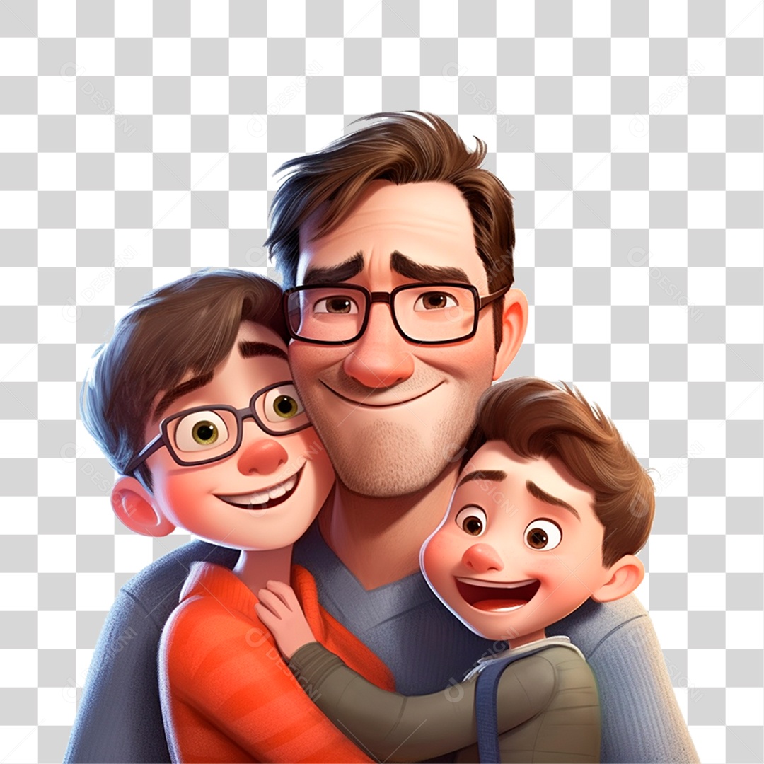 Pai e Filhos Abraçados Sorrindo PNG Transparente