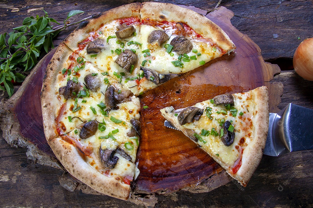 Pizza com mussarela molho de tomate e cogumelos