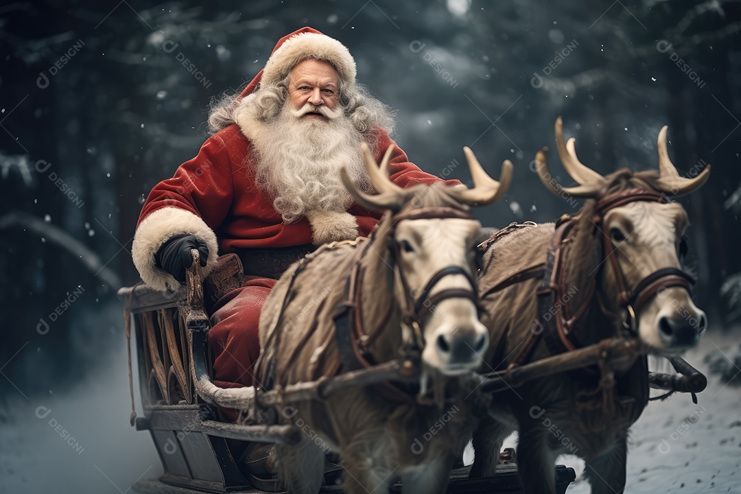 Papai Noel dentro do trenó guiando suas renas encantadas