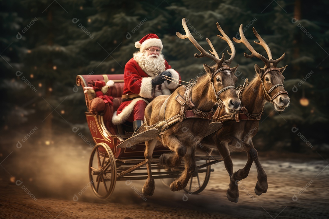 Papai Noel dentro do trenó guiando suas renas encantadas