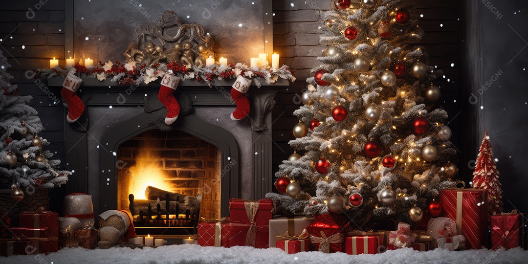 Quarto decorado na noite de Natal com luzes brilhantes de Natal, lareira e árvore