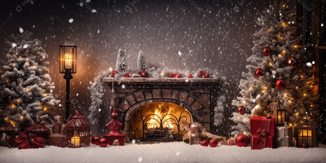 Quarto decorado na noite de Natal com luzes brilhantes de Natal, lareira e árvore