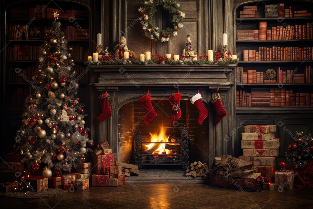 Quarto decorado na noite de Natal com luzes brilhantes de Natal, lareira e árvore