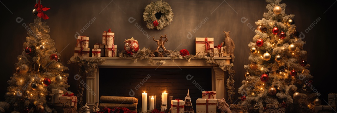 Quarto decorado na noite de Natal com luzes brilhantes de Natal, lareira e árvore