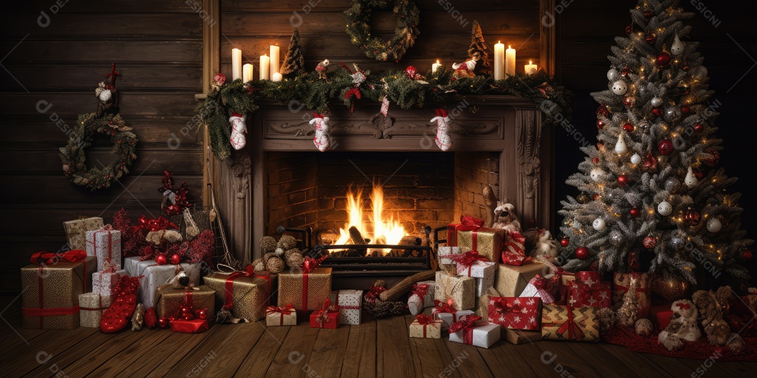 Quarto decorado na noite de Natal com luzes brilhantes de Natal, lareira e árvore