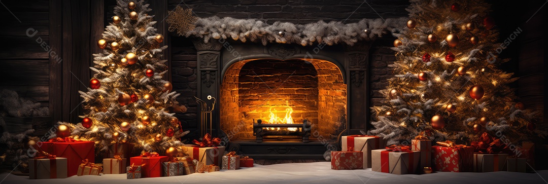 Quarto decorado na noite de Natal com luzes brilhantes de Natal, lareira e árvore