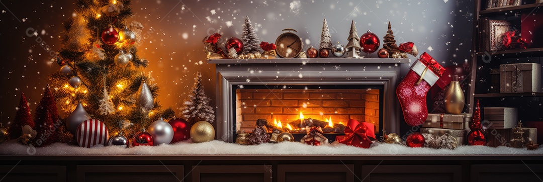 Quarto decorado na noite de Natal com luzes brilhantes de Natal, lareira e árvore