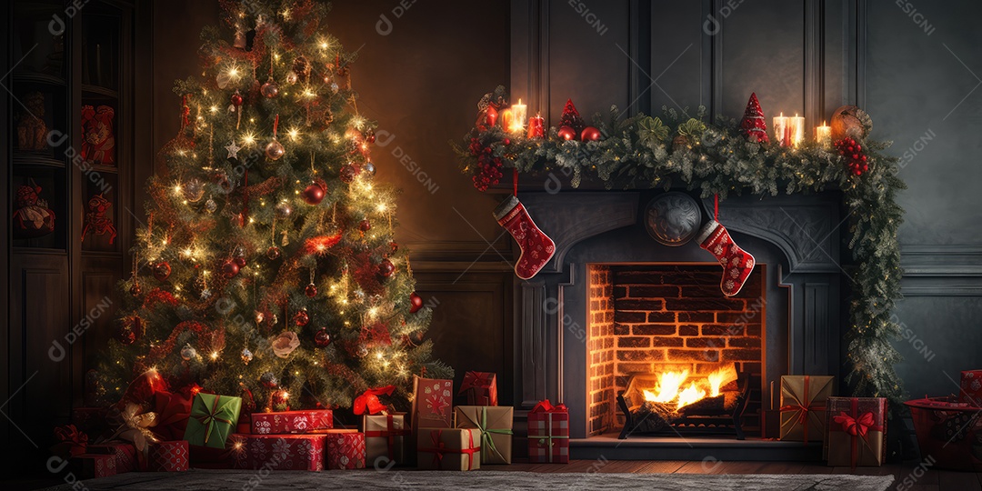 Quarto decorado na noite de Natal com luzes brilhantes de Natal, lareira e árvore