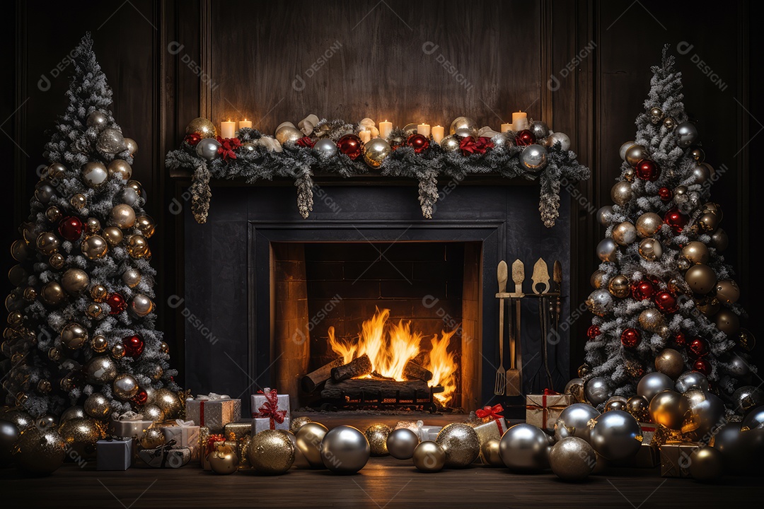 Quarto decorado na noite de Natal com brilho de luzes de Natal, brinquedos e árvore de Natal