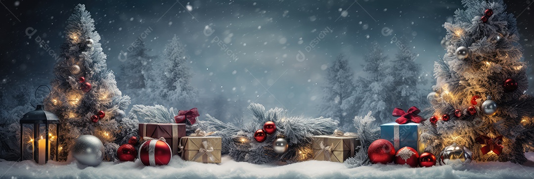 Quarto decorado na noite de Natal com brilho de luzes de Natal, brinquedos e árvore de Natal