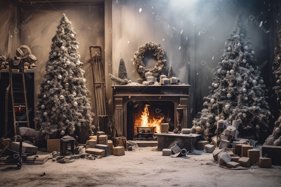 Quarto decorado na noite de Natal com brilho de luzes de Natal, brinquedos e árvore de Natal