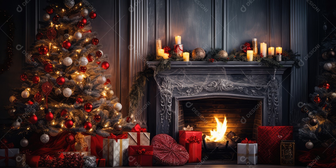 Quarto decorado na noite de Natal com brilho de luzes de Natal, brinquedos e árvore de Natal