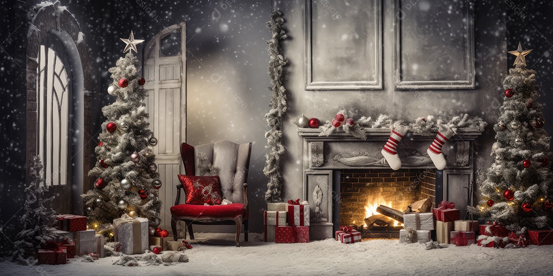 Quarto decorado na noite de Natal com brilho de luzes de Natal, brinquedos e árvore de Natal