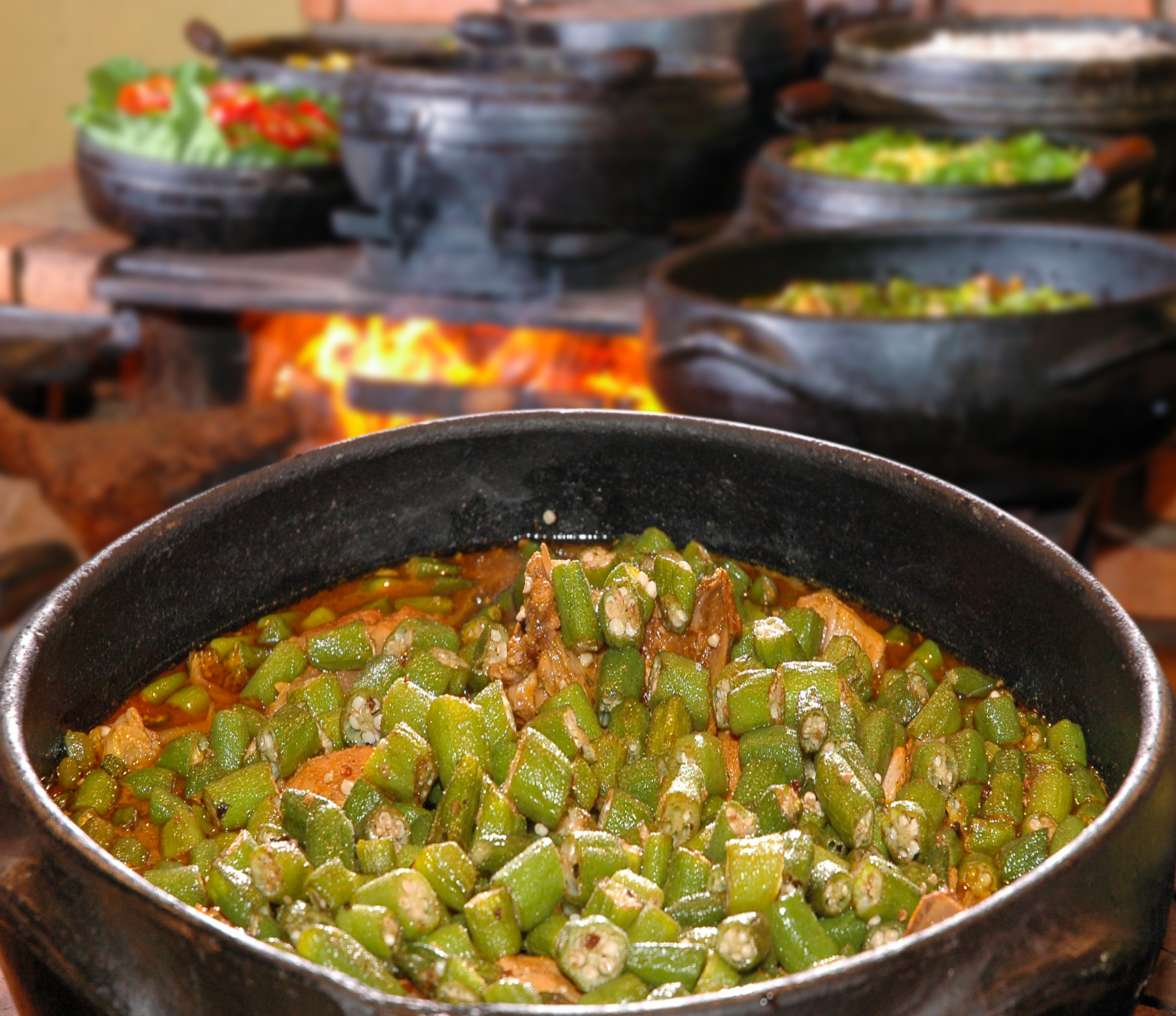 Ensopado de frango com quiabo no forno a lenha