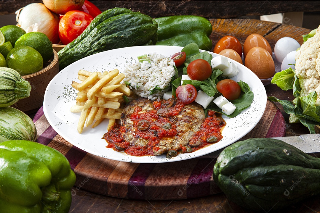 Bife com batata salada e arroz