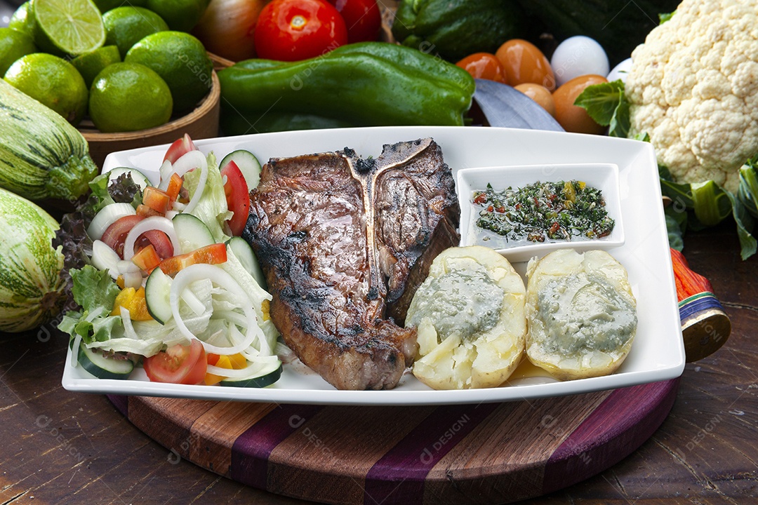 Bife t bone com salada de batata e legumes