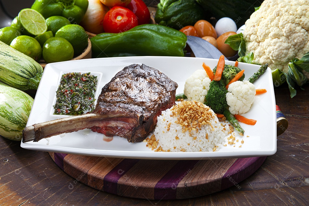 Bife de costela com batatas fritas e salada