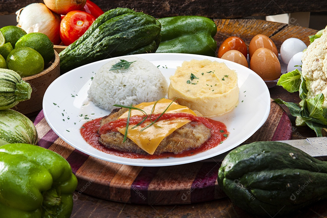 Parmegiana com arroz e batata frita