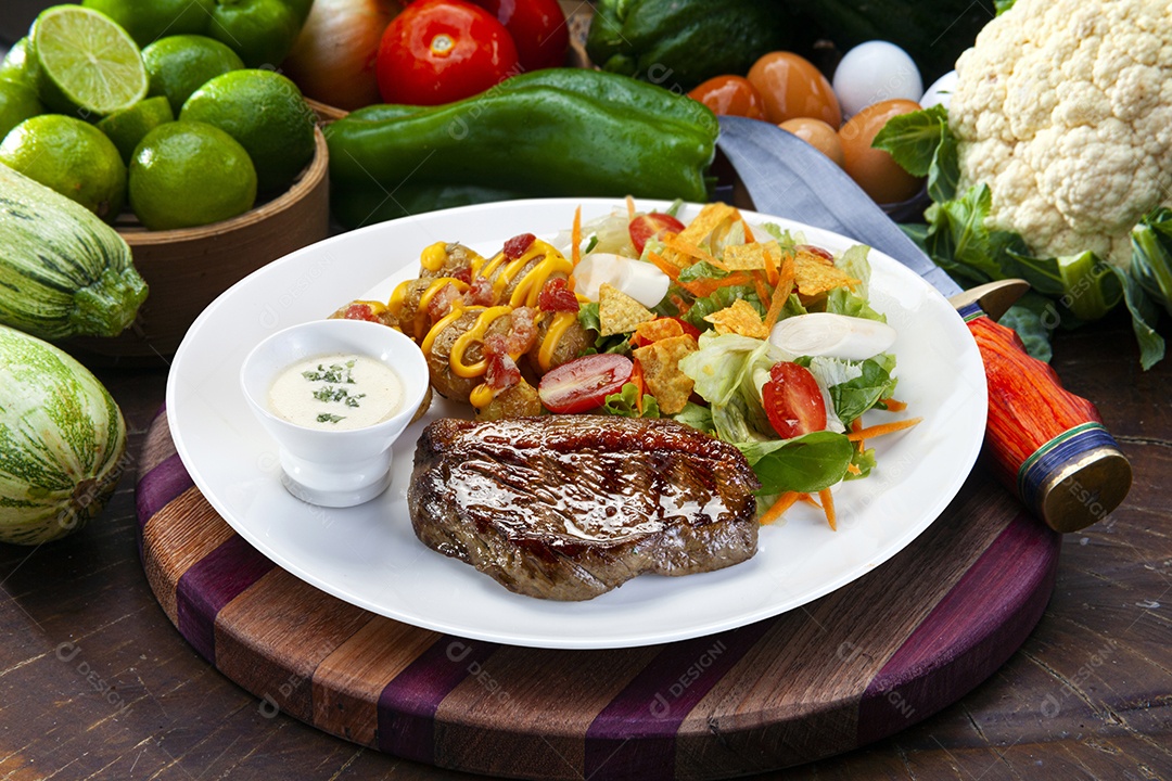 Salada com molho e carne picanha