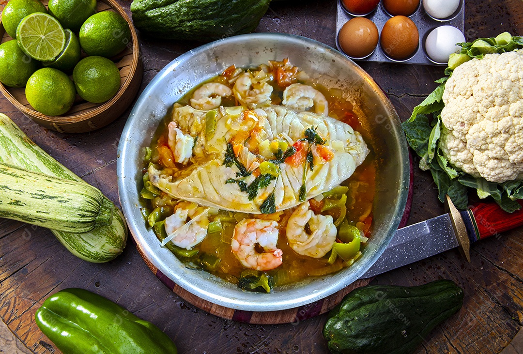 Moqueca tradicional de peixe e camarão com acompanhamento