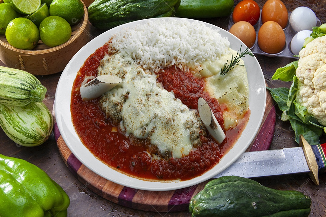 O bife à parmegiana com batata e arroz