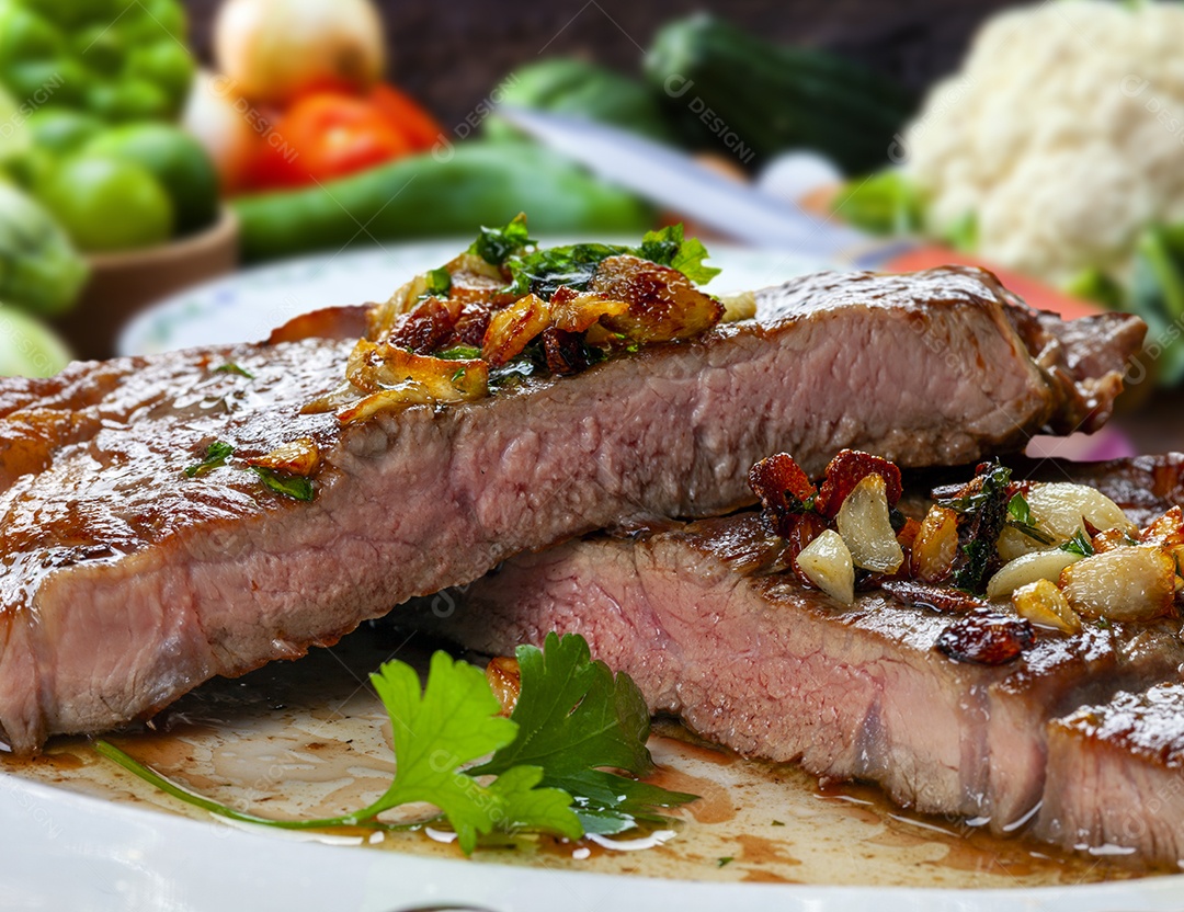 Bife grelhado fatiado servido no ponto