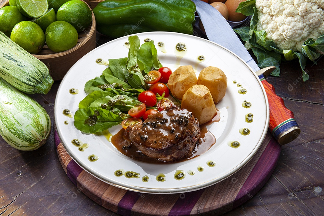 Filé mignon com molho salada e batata
