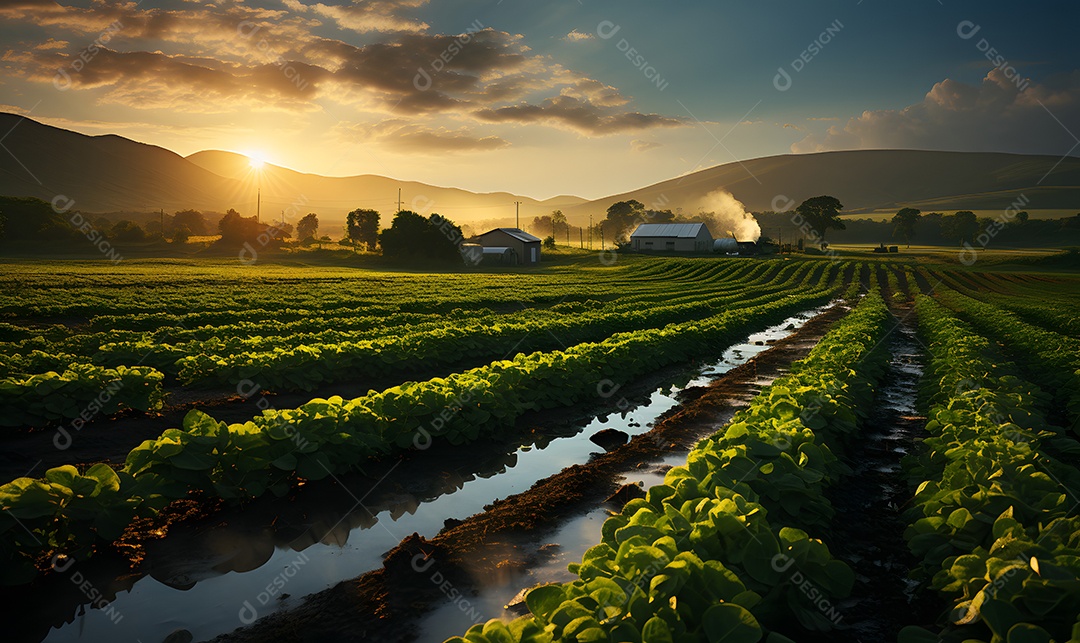 Vista de uma plantação com irrigação
