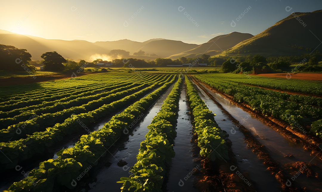 Vista de uma plantação com irrigação