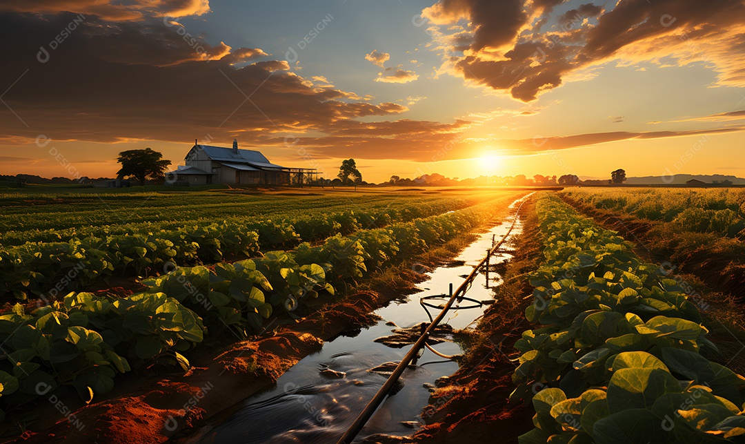 Vista de uma plantação com irrigação