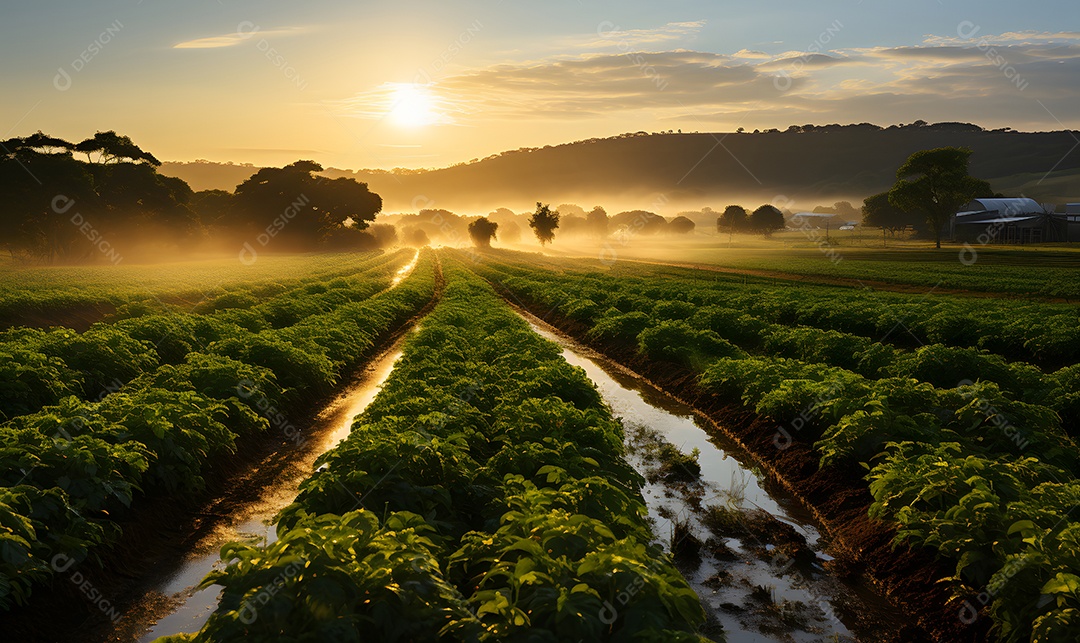 Vista de uma plantação com irrigação