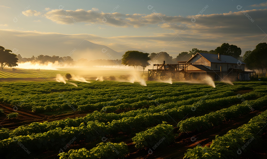 Vista de uma plantação com irrigação