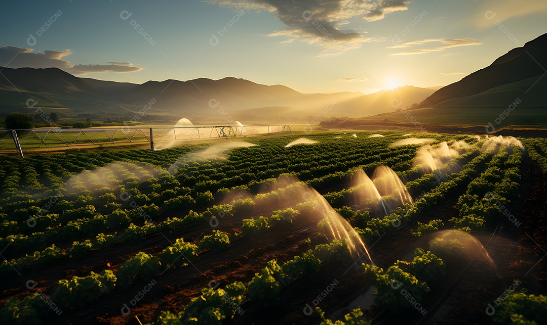 Vista de uma plantação com irrigação