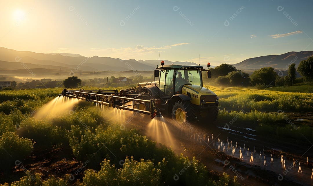 Vista de uma plantação com trator