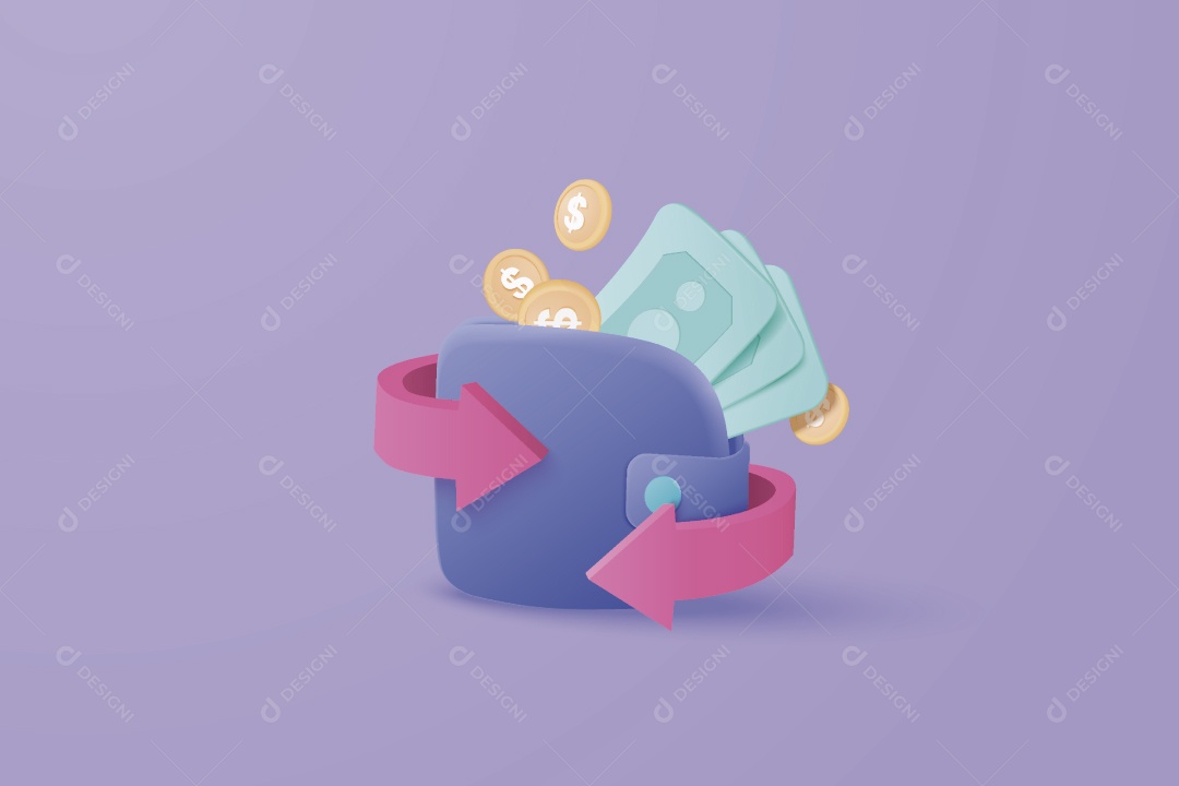 Carteira com Notas de Dinheiro e Moedas Circulando Ilustração Vetor EPS