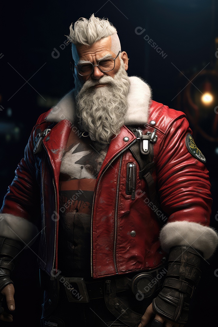 Retrato de Papai Noel com cara de gangster, roqueiro e motociclista