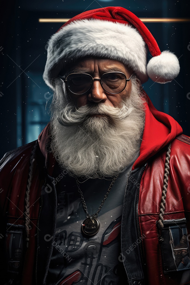 Retrato de Papai Noel com cara de gangster, roqueiro e motociclista