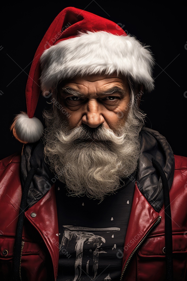 Retrato de Papai Noel com cara de gangster, roqueiro e motociclista