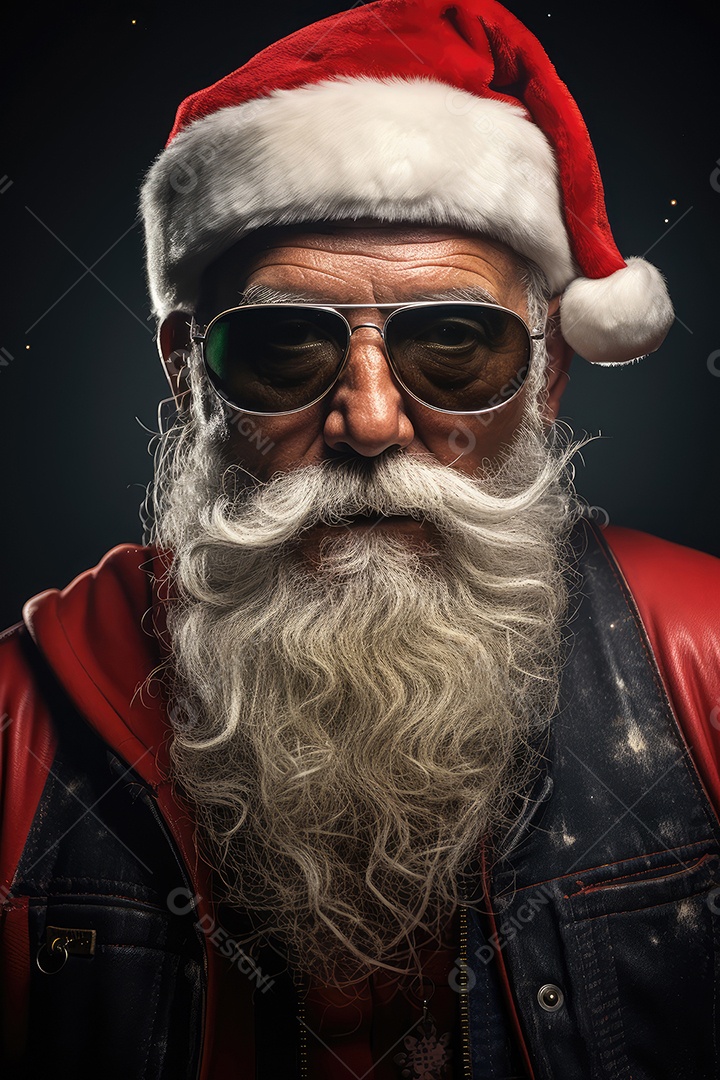 Retrato de Papai Noel com cara de gangster, roqueiro e motociclista
